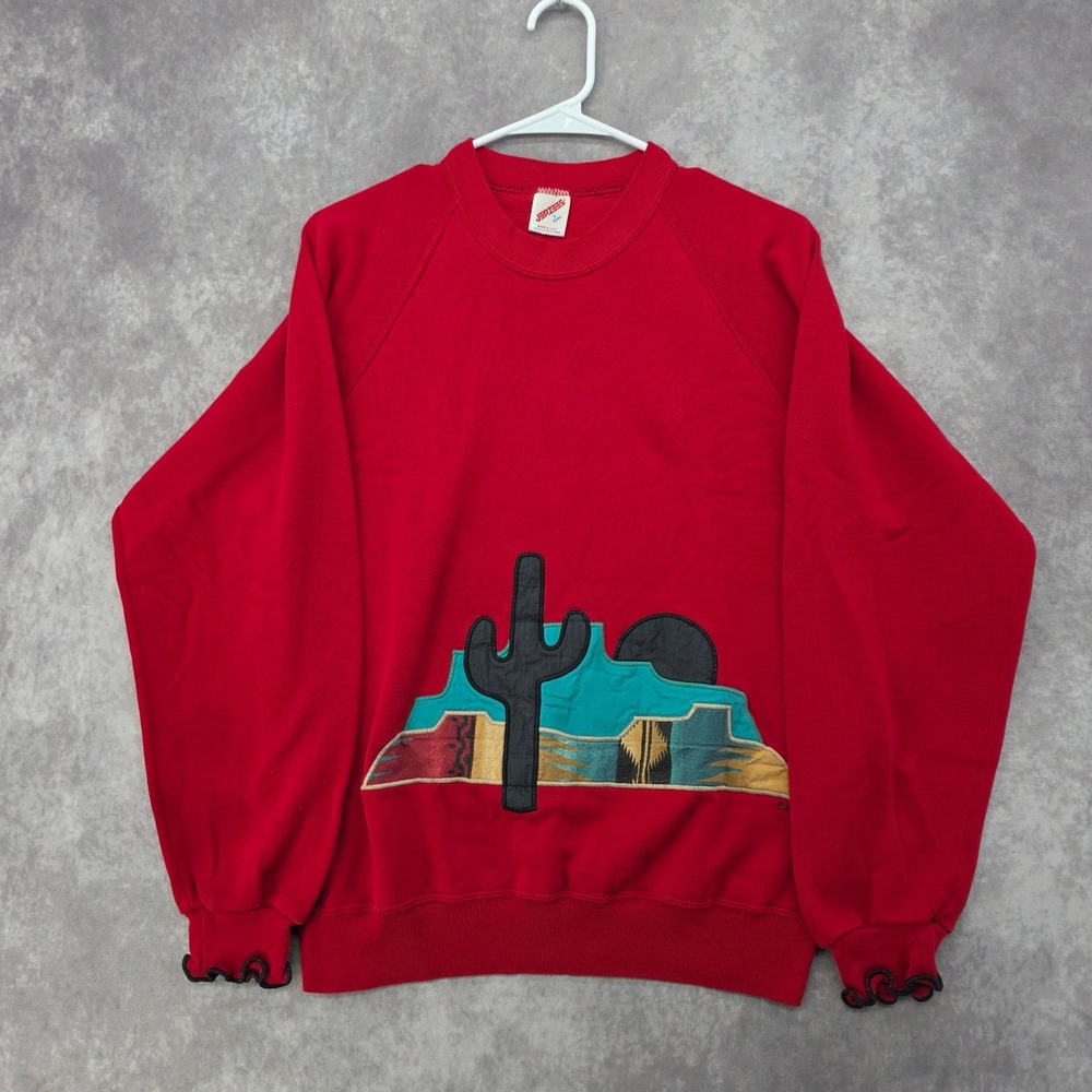 Vintage Jerzees Sweatshirt Red Southwestern Cactus Large Made in USA 90s